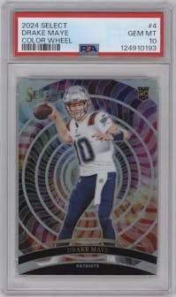 Drake Maye from the 2024 Panini Select set graded by PSA and given an overall grade of 10.
