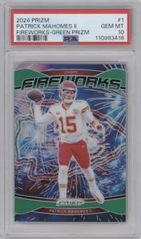 Patrick Mahomes II from the 2024 Panini Prizm set featuring a Green Prizm parallel graded by PSA and given an overall grade of 10.