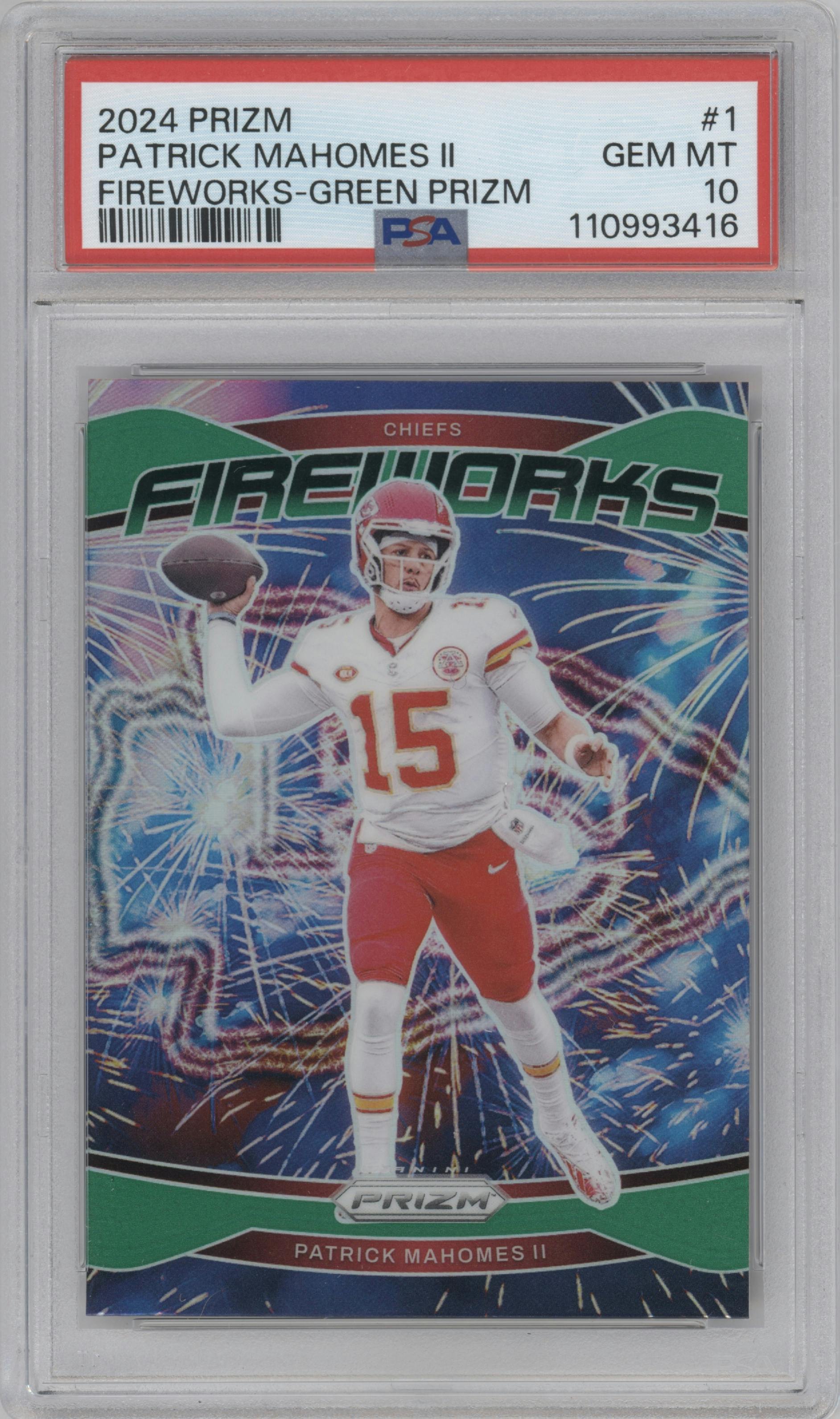 Patrick Mahomes II from the 2024 Panini Prizm set featuring a Green Prizm parallel graded by PSA and given an overall grade of 10.