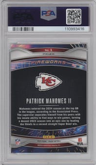 Patrick Mahomes II from the 2024 Panini Prizm set featuring a Green Prizm parallel graded by PSA and given an overall grade of 10.