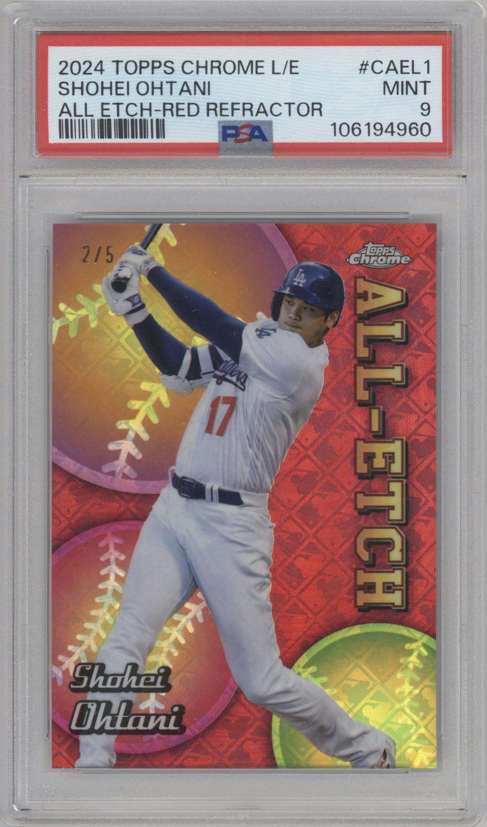 Shohei Ohtani from the 2024 Topps Chrome Logofractor set featuring a Red Refractor parallel graded by PSA and given an overall grade of 9.