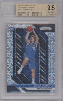 Luka Doncic from the 2018-19 Panini Prizm set featuring a Fast Break parallel graded by Beckett and given an overall grade of 9.5.