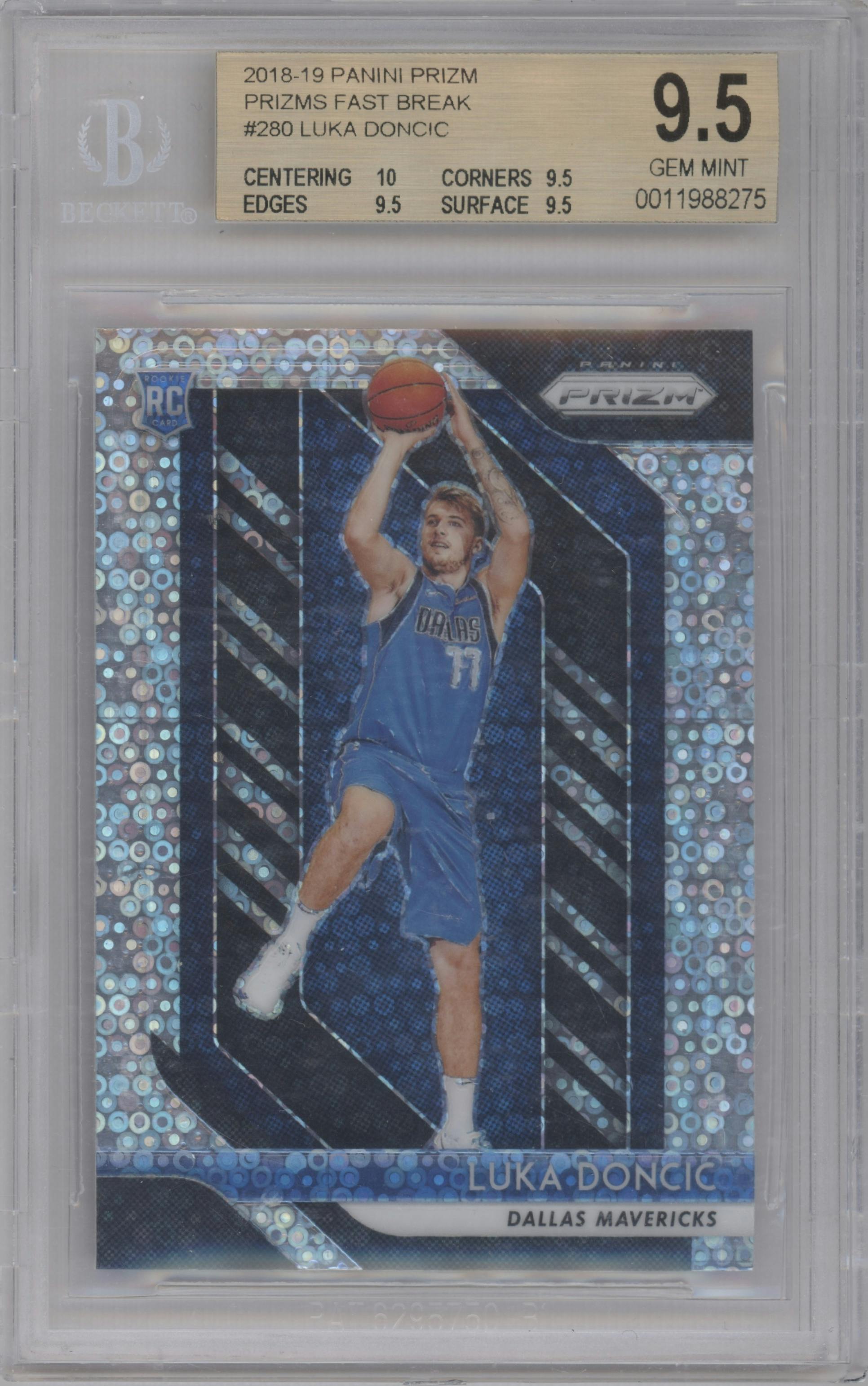 Luka Doncic from the 2018-19 Panini Prizm set featuring a Fast Break parallel graded by Beckett and given an overall grade of 9.5.