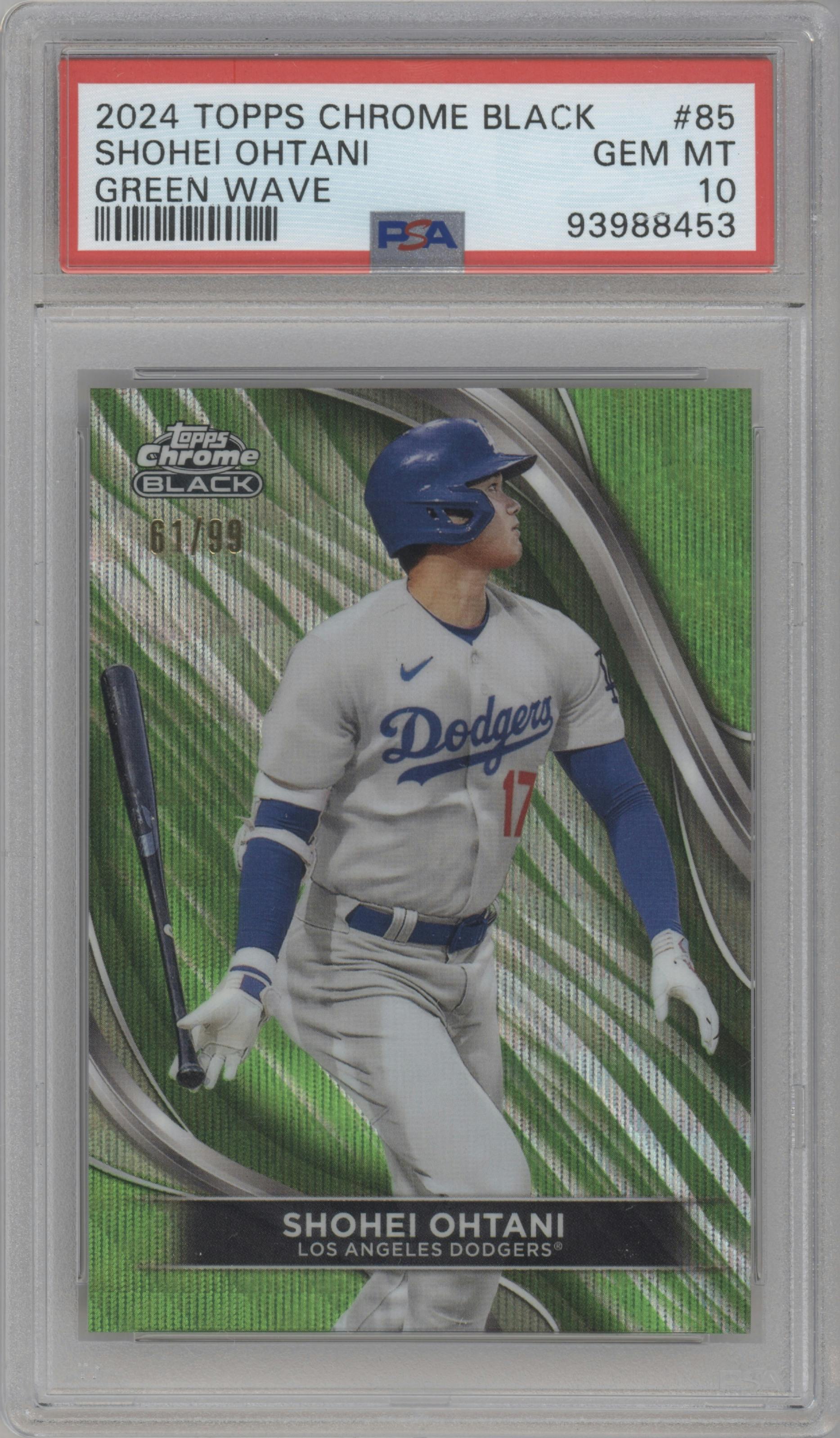  Shohei Ohtani from the  2024 Topps Chrome Black set featuring a Green Wave Refractor parallel graded by PSA and given an overall grade of 10.