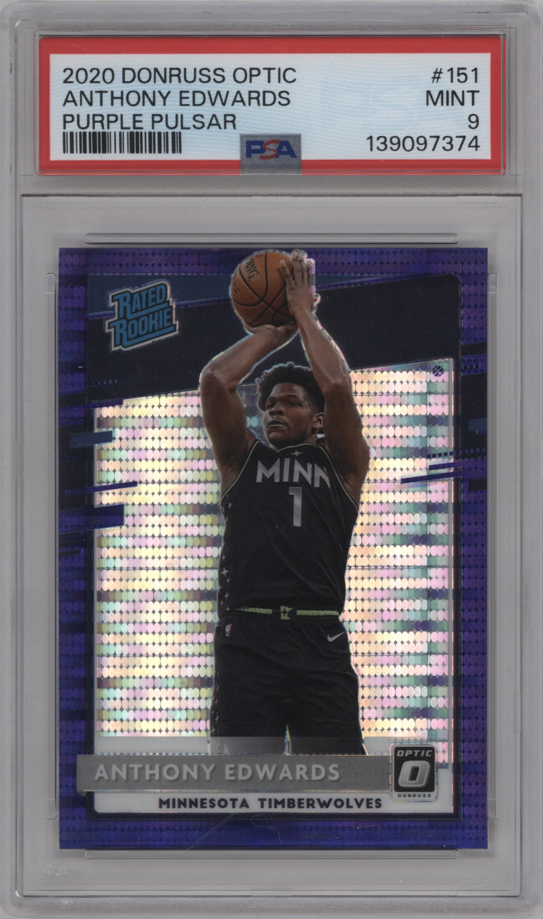 2020 Panini Donruss Optic Rated Rookie Anthony Edwards Purple Pulsar #151 PSA 9