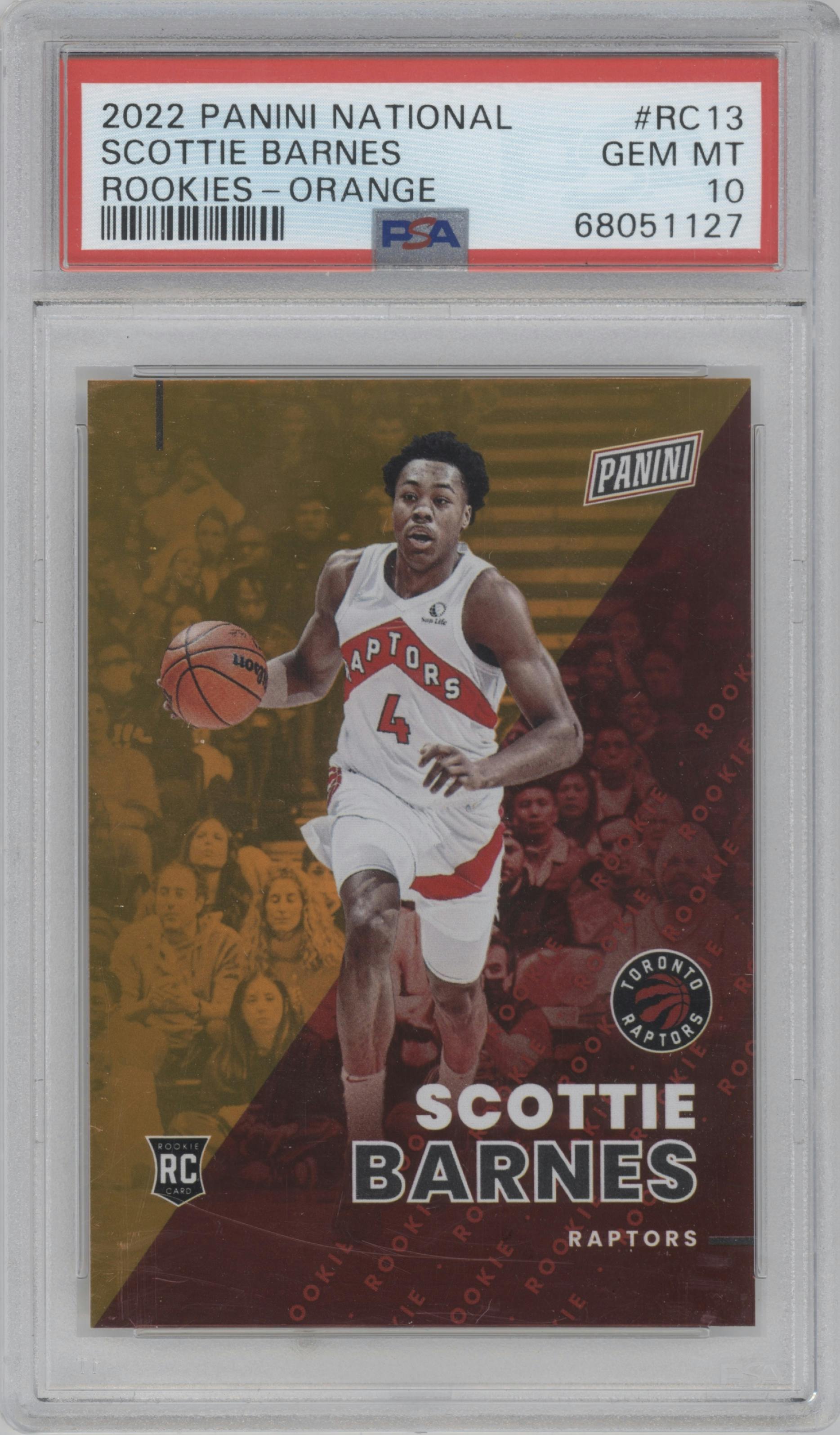Scottie Barnes from the 2022 Panini The National VIP set featuring a Orange parallel graded by PSA and given an overall grade of 10.