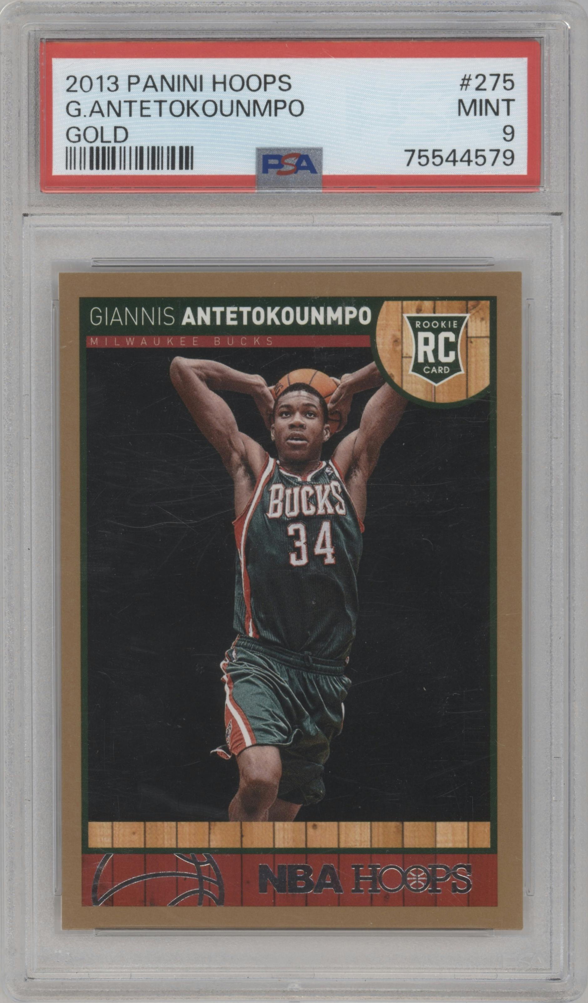 Giannis Antetokounmpo from the 2013-14 Panini NBA Hoops set featuring a Gold parallel graded by PSA and given an overall grade of 9.