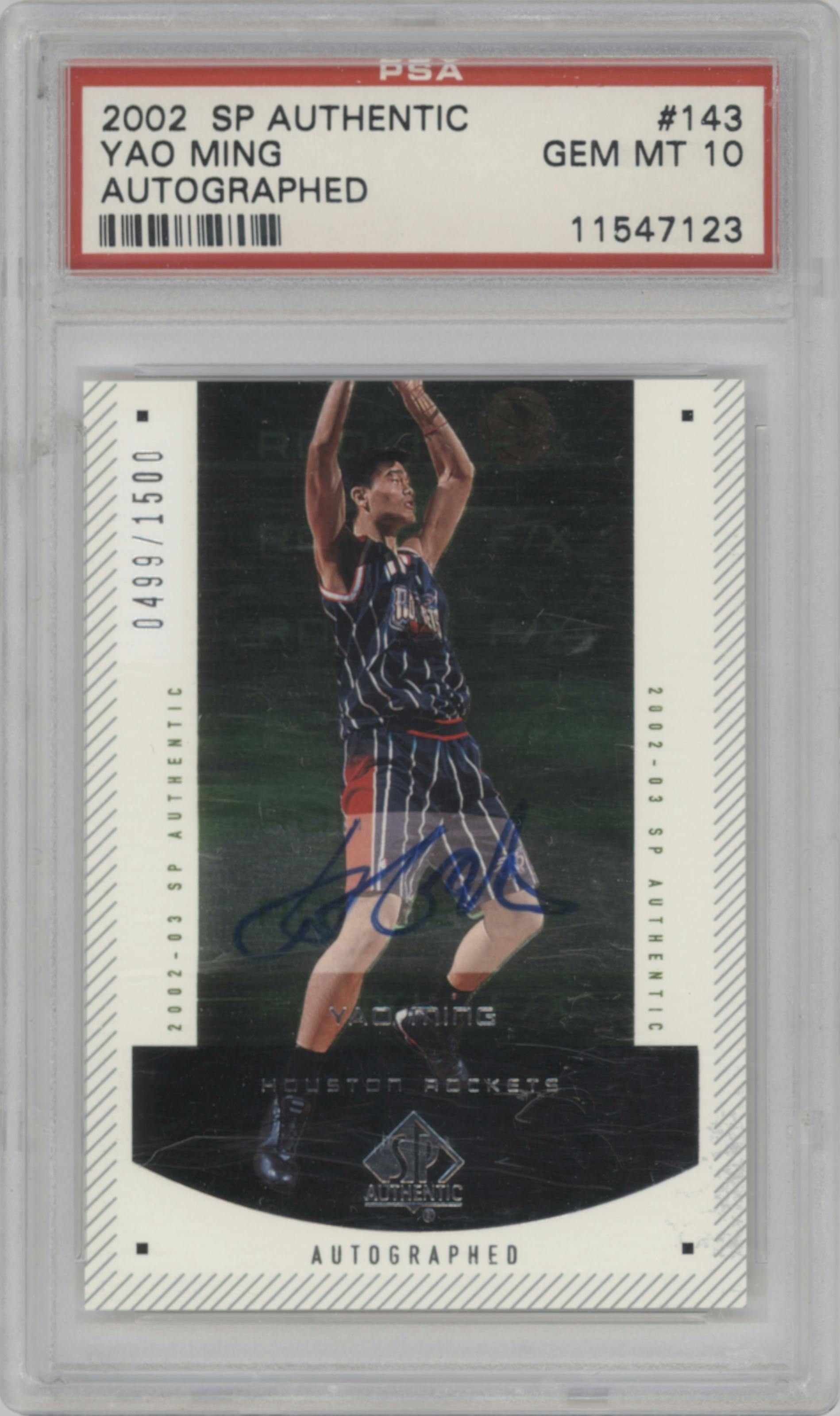 Yao Ming from the 2002-03 UD SP Authentic set graded by PSA and given an overall grade of 10.