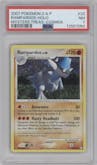Rampardos from the 2007 Pokemon D&P set featuring a Cosmos parallel graded by PSA and given an overall grade of 7.