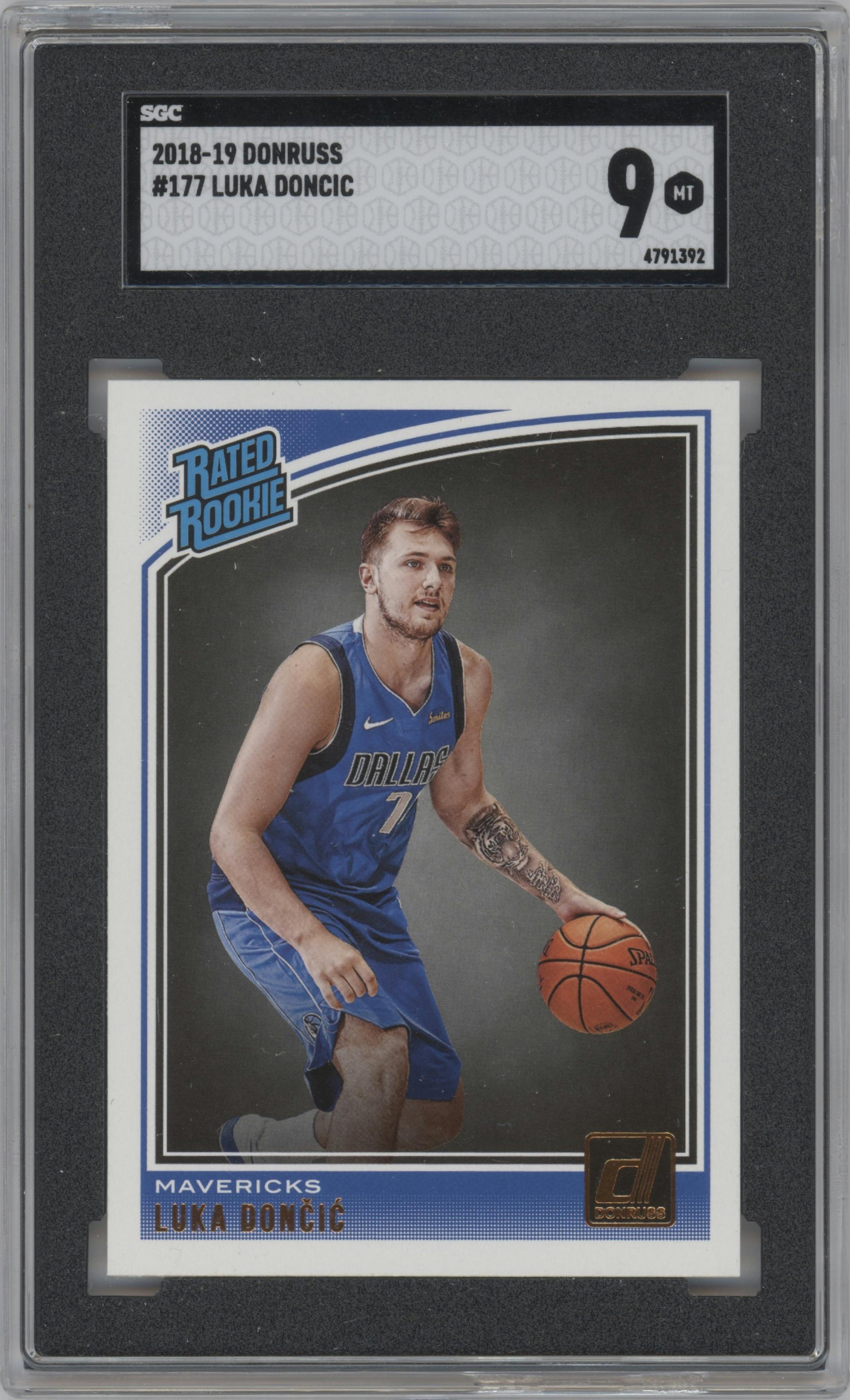 Luka Doncic from the 2018-19 Panini Donruss  set graded by SGC and given an overall grade of 9.