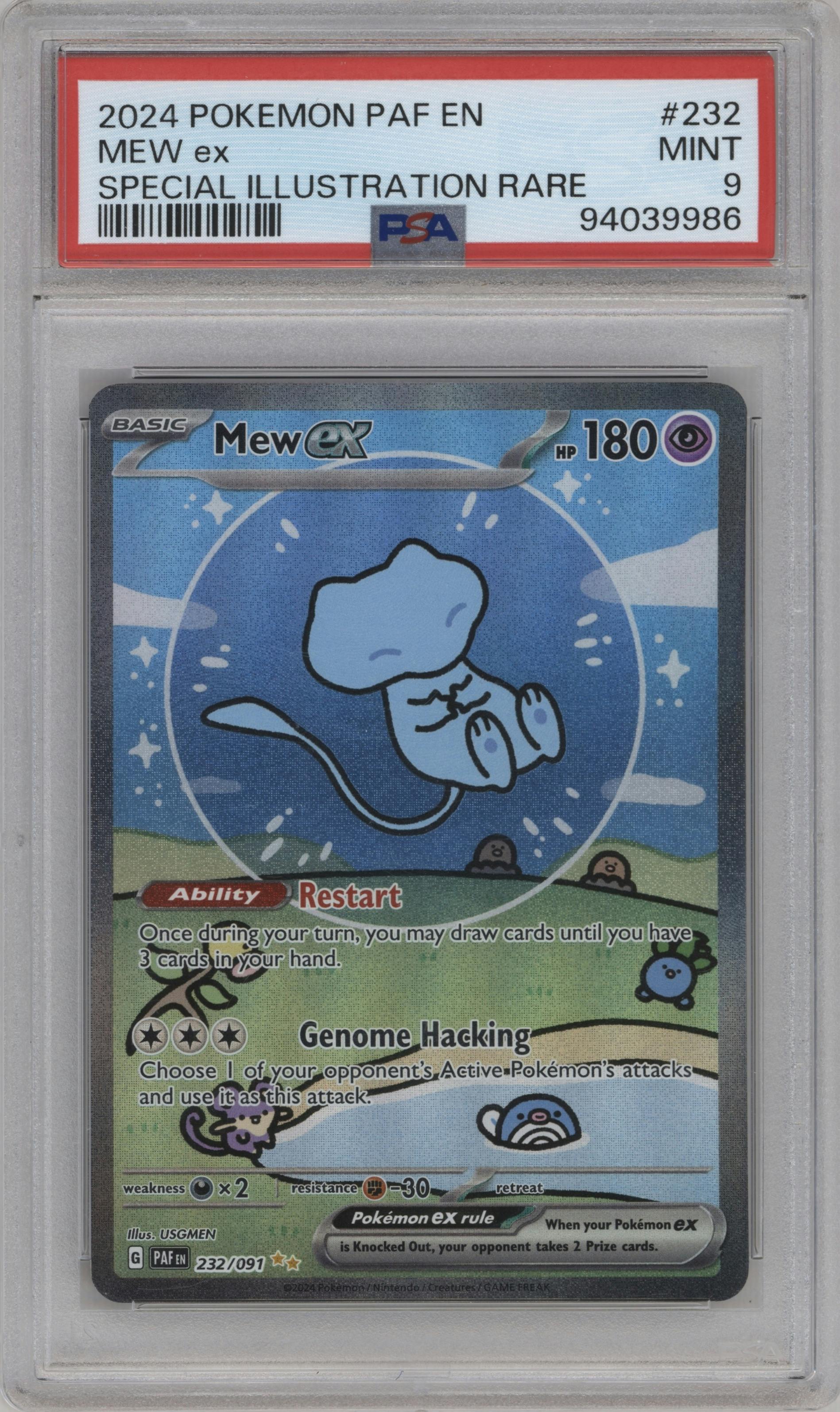 Mew ex from the 2024 Pokemon SV set graded by PSA and given an overall grade of 9.