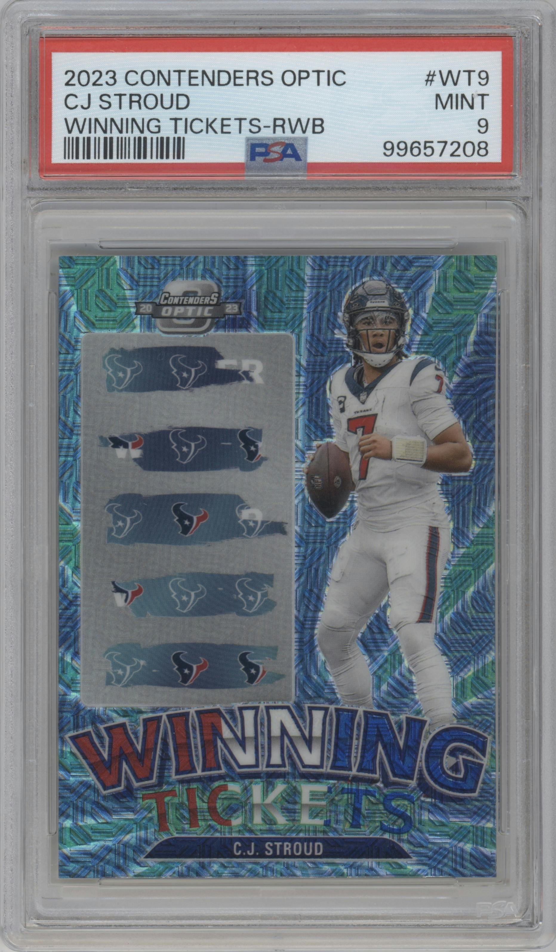 C.J. Stroud from the 2023 Panini Contenders Optic set featuring a Red/White/Blue  parallel graded by PSA and given an overall grade of 9.