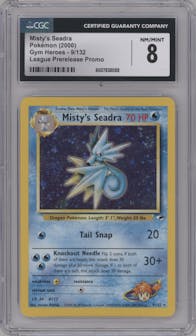 Misty's Seadra from the 2000 Pokemon GH set featuring a Pre-Release parallel graded by CSG and given an overall grade of 8.