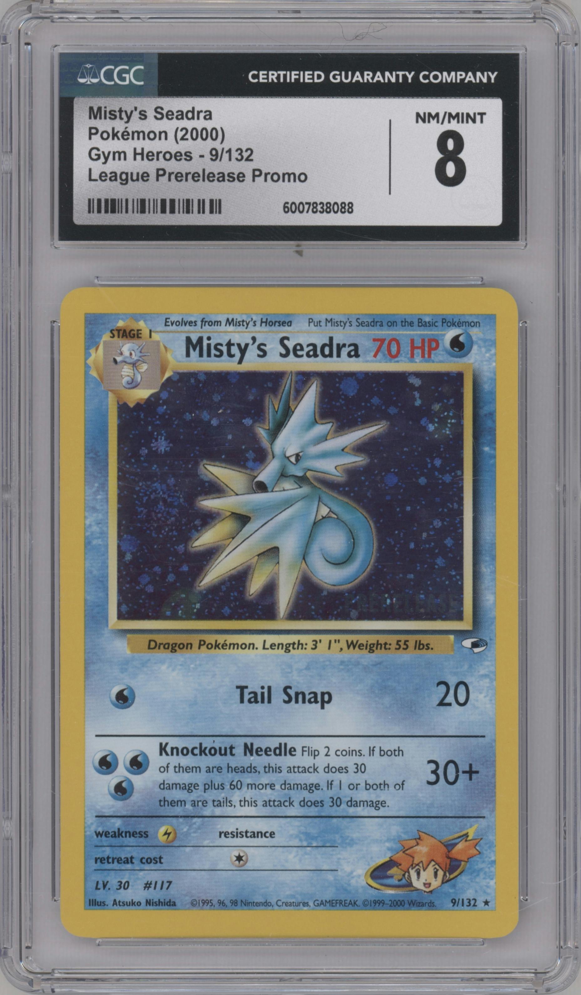 Misty's Seadra from the 2000 Pokemon GH set featuring a Pre-Release parallel graded by CSG and given an overall grade of 8.