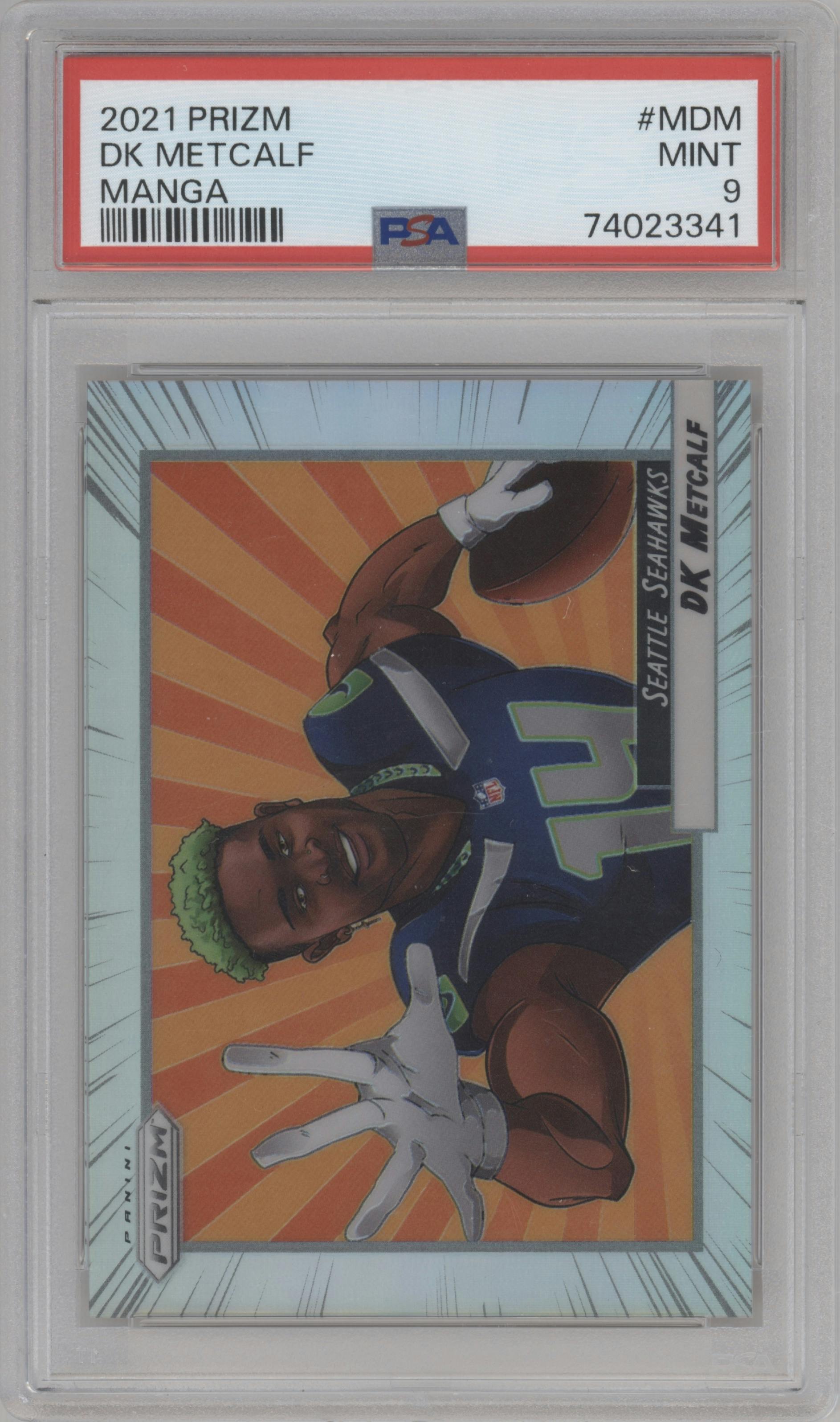 DK Metcalf from the 2021 Panini Prizm set graded by PSA and given an overall grade of 9.