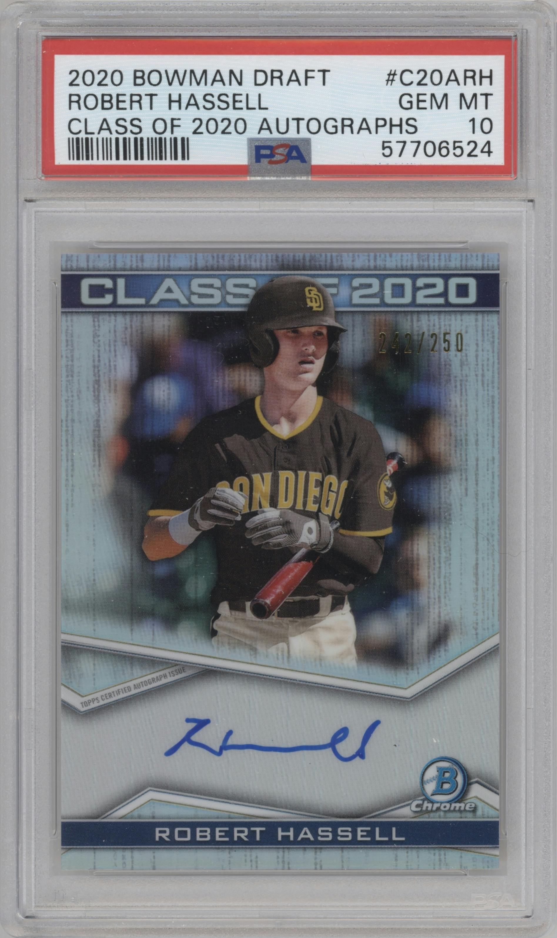 Robert Hassell from the 2020 Bowman Draft set graded by PSA and given an overall grade of 10.