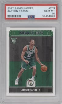 Jayson Tatum from the 2017-18 Panini NBA Hoops set graded by PSA and given an overall grade of 10.