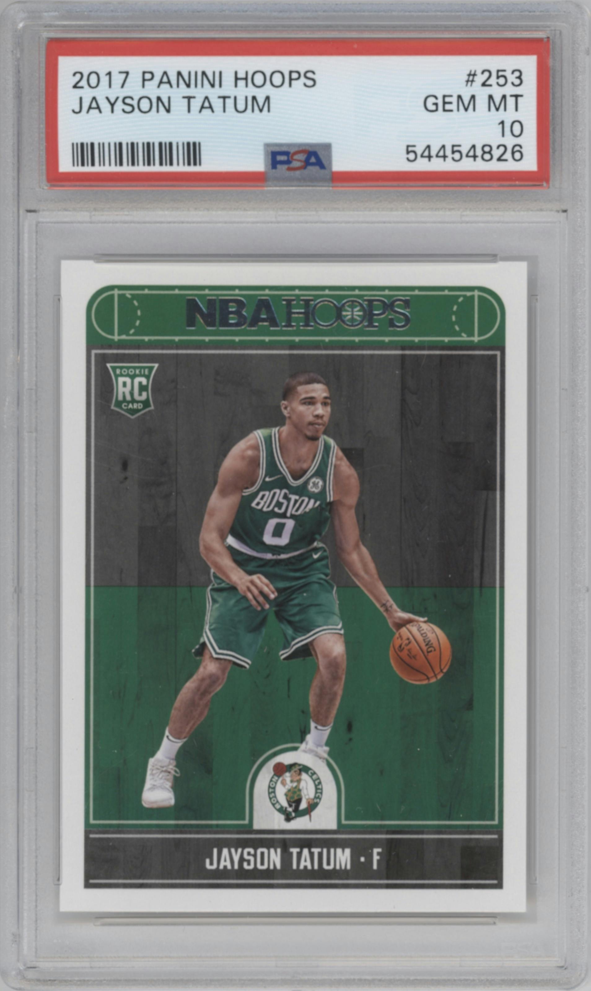 Jayson Tatum from the 2017-18 Panini NBA Hoops set graded by PSA and given an overall grade of 10.
