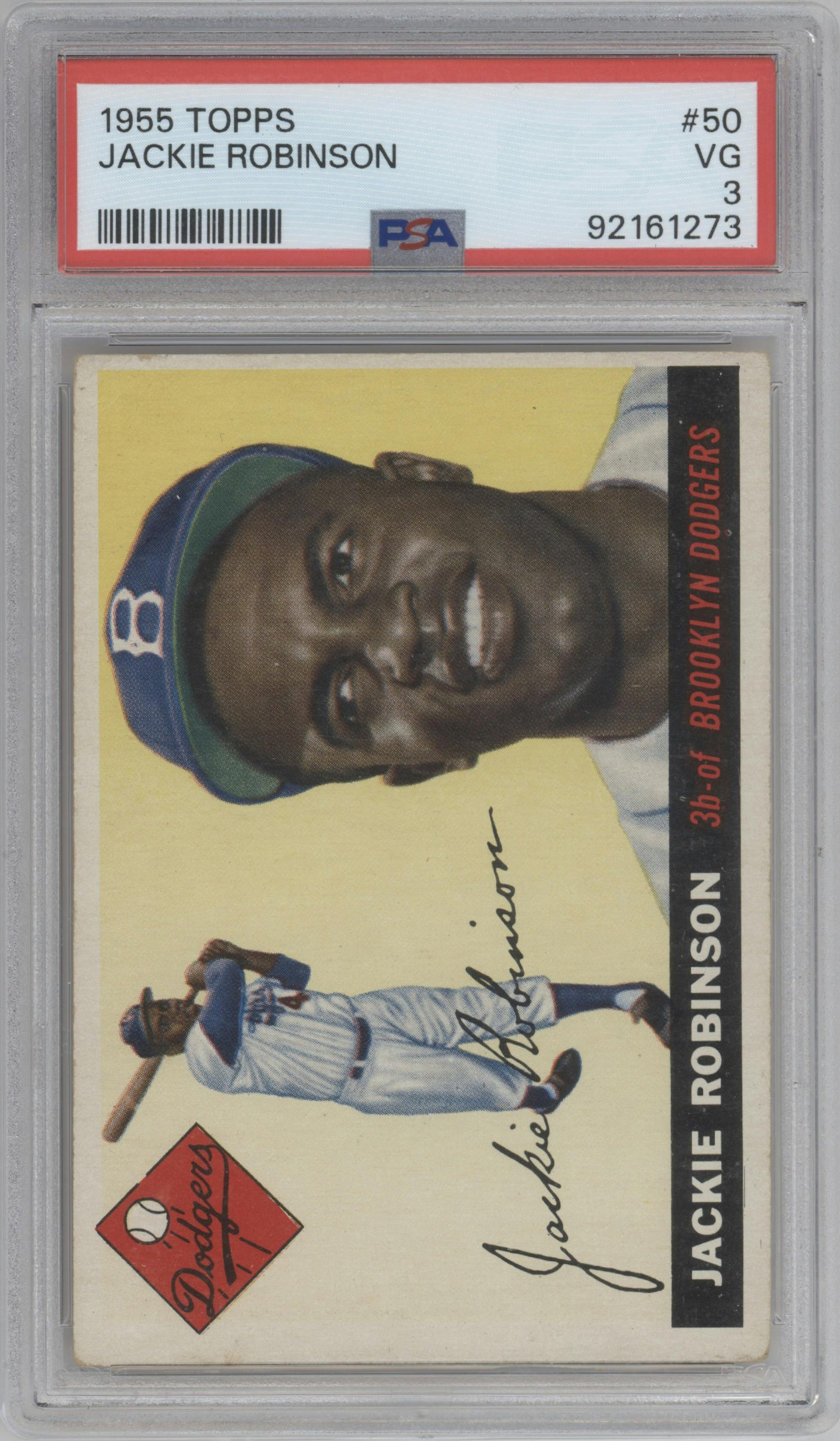 Jackie Robinson from the 1955 Topps set graded by PSA and given an overall grade of 3.