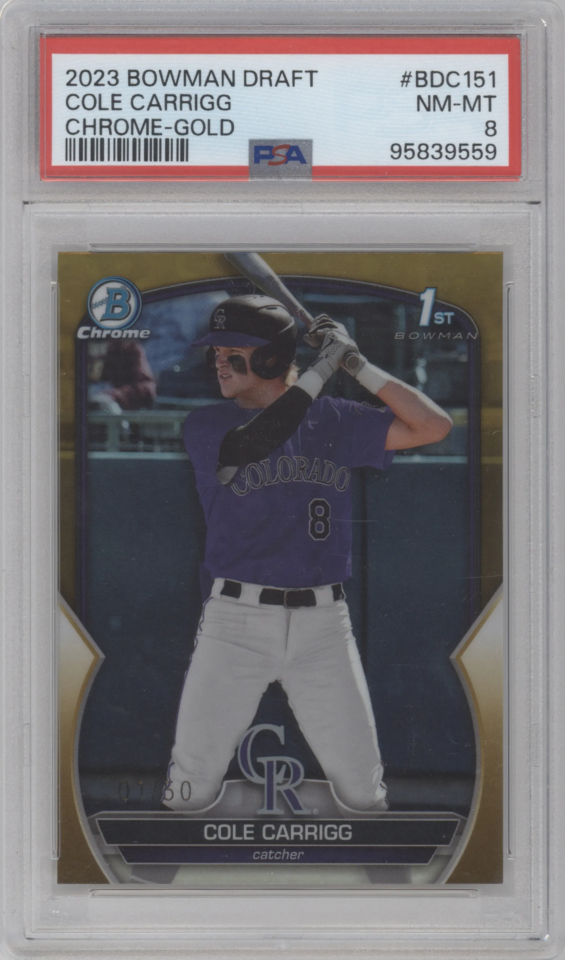 2023 Bowman Draft Chrome Cole Carrigg Gold Refractor PSA 8