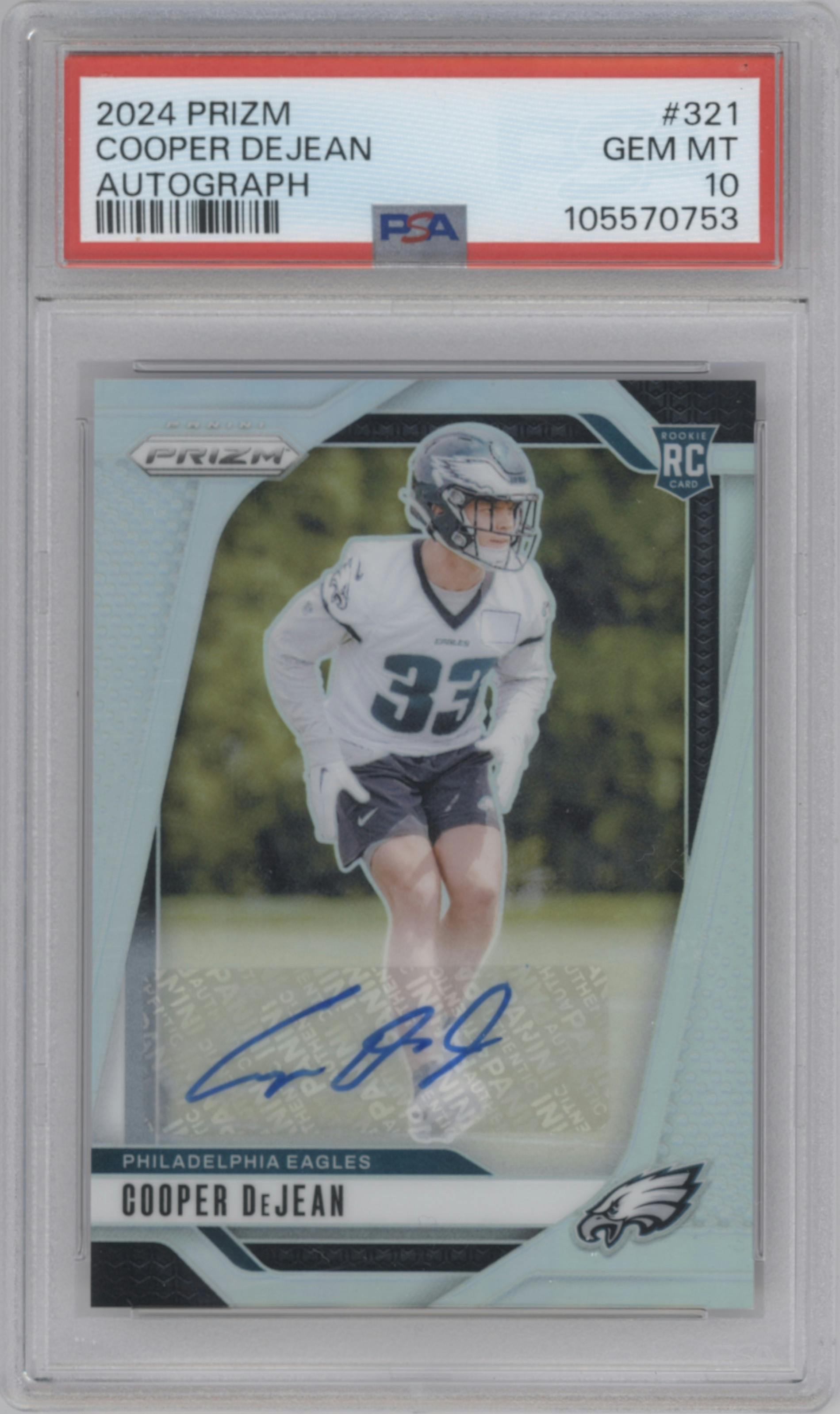 Cooper DeJean from the 2024 Panini Prizm set featuring a  Silver  parallel graded by PSA and given an overall grade of 10.