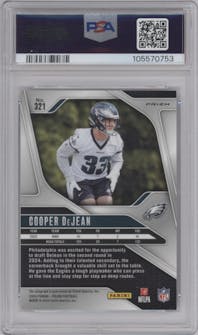 Cooper DeJean from the 2024 Panini Prizm set featuring a  Silver  parallel graded by PSA and given an overall grade of 10.
