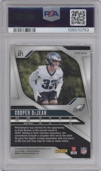 Cooper DeJean from the 2024 Panini Prizm set featuring a  Silver  parallel graded by PSA and given an overall grade of 10.