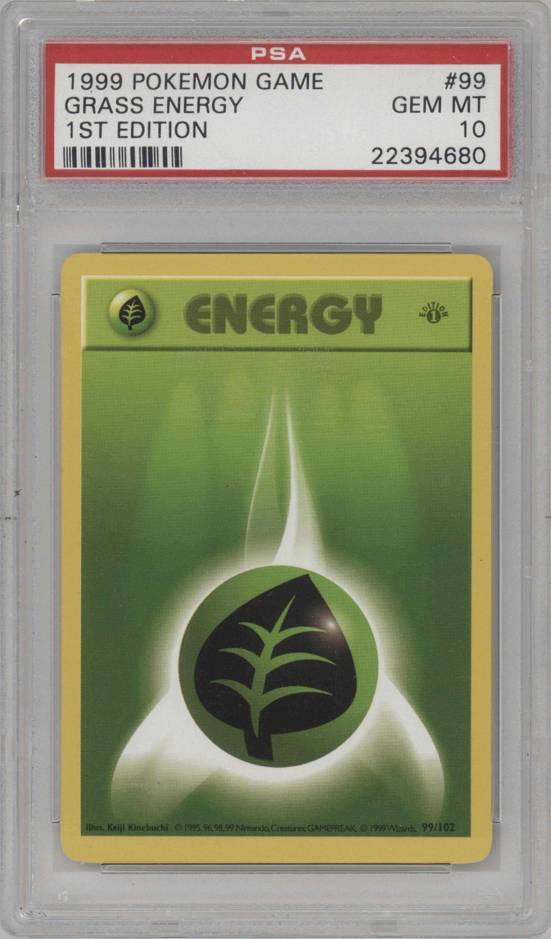Grass Energy from the 1999 Pokemon set graded by PSA and given an overall grade of 10.