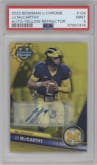 JJ McCarthy from the 2023 Bowman Chrome University set featuring a Yellow Refractor parallel graded by PSA and given an overall grade of 9.