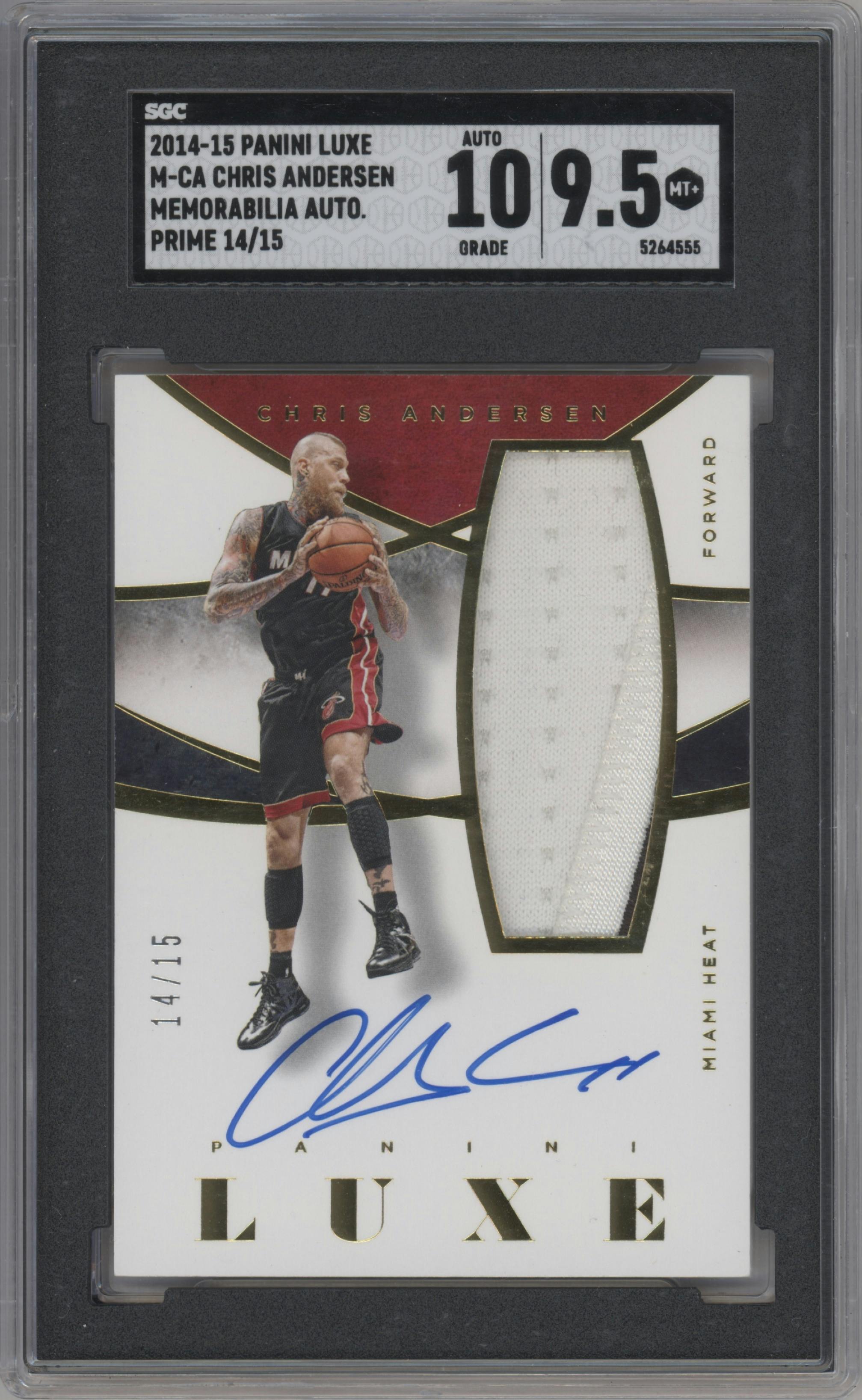 Chris Andersen from the 2014-15 Panini Luxe set featuring a Prime parallel graded by SGC and given an overall grade of 9.5.