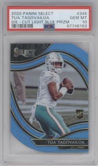 Tua Tagovailoa from the 2020 Panini Select set featuring a Die-Cut Light Blue parallel graded by PSA and given an overall grade of 10.