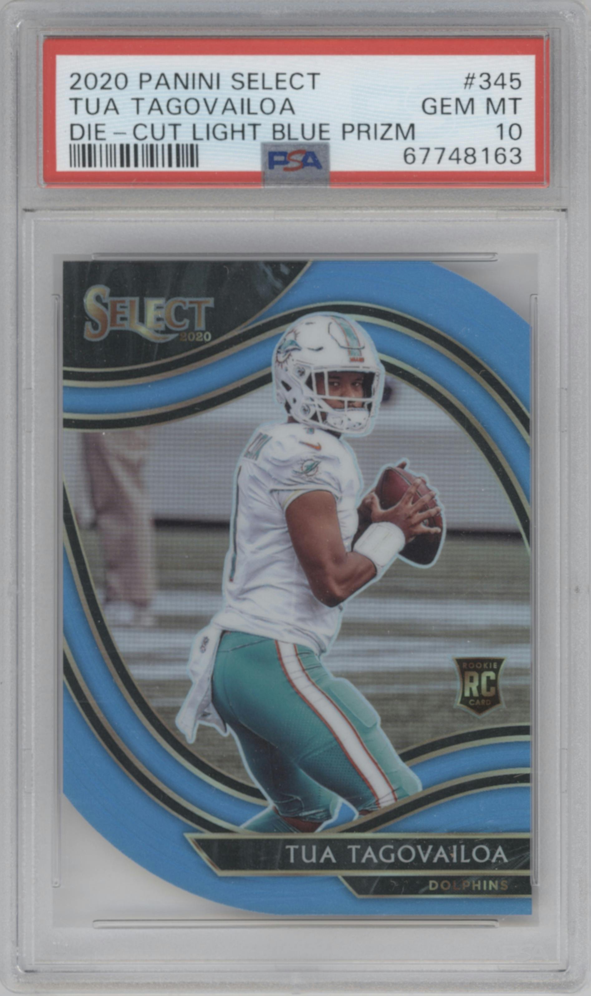 Tua Tagovailoa from the 2020 Panini Select set featuring a Die-Cut Light Blue parallel graded by PSA and given an overall grade of 10.