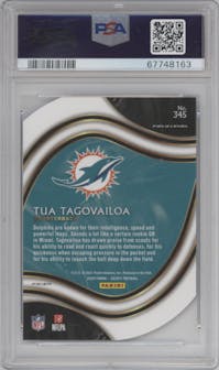 Tua Tagovailoa from the 2020 Panini Select set featuring a Die-Cut Light Blue parallel graded by PSA and given an overall grade of 10.