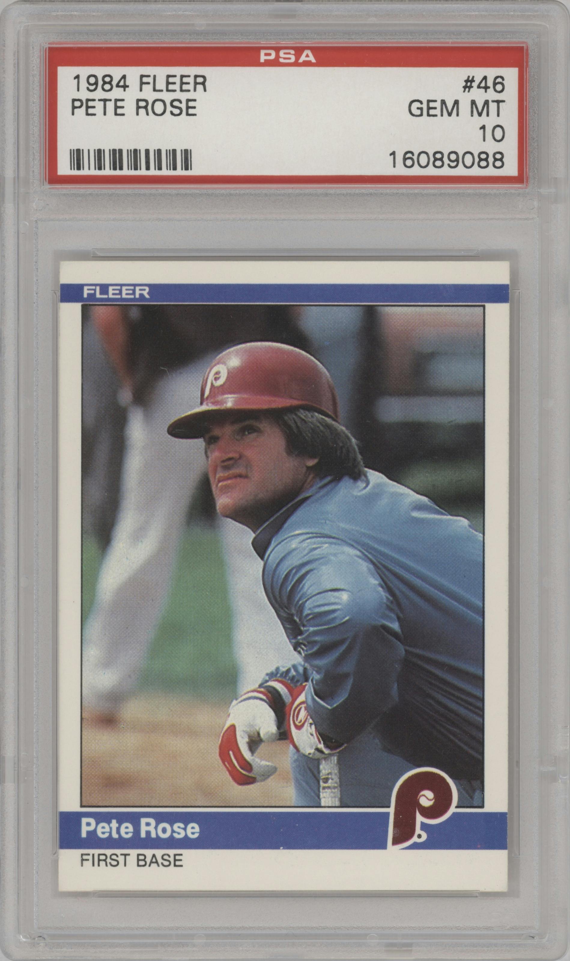 Pete Rose from the 1984 Fleer set graded by PSA and given an overall grade of 10.