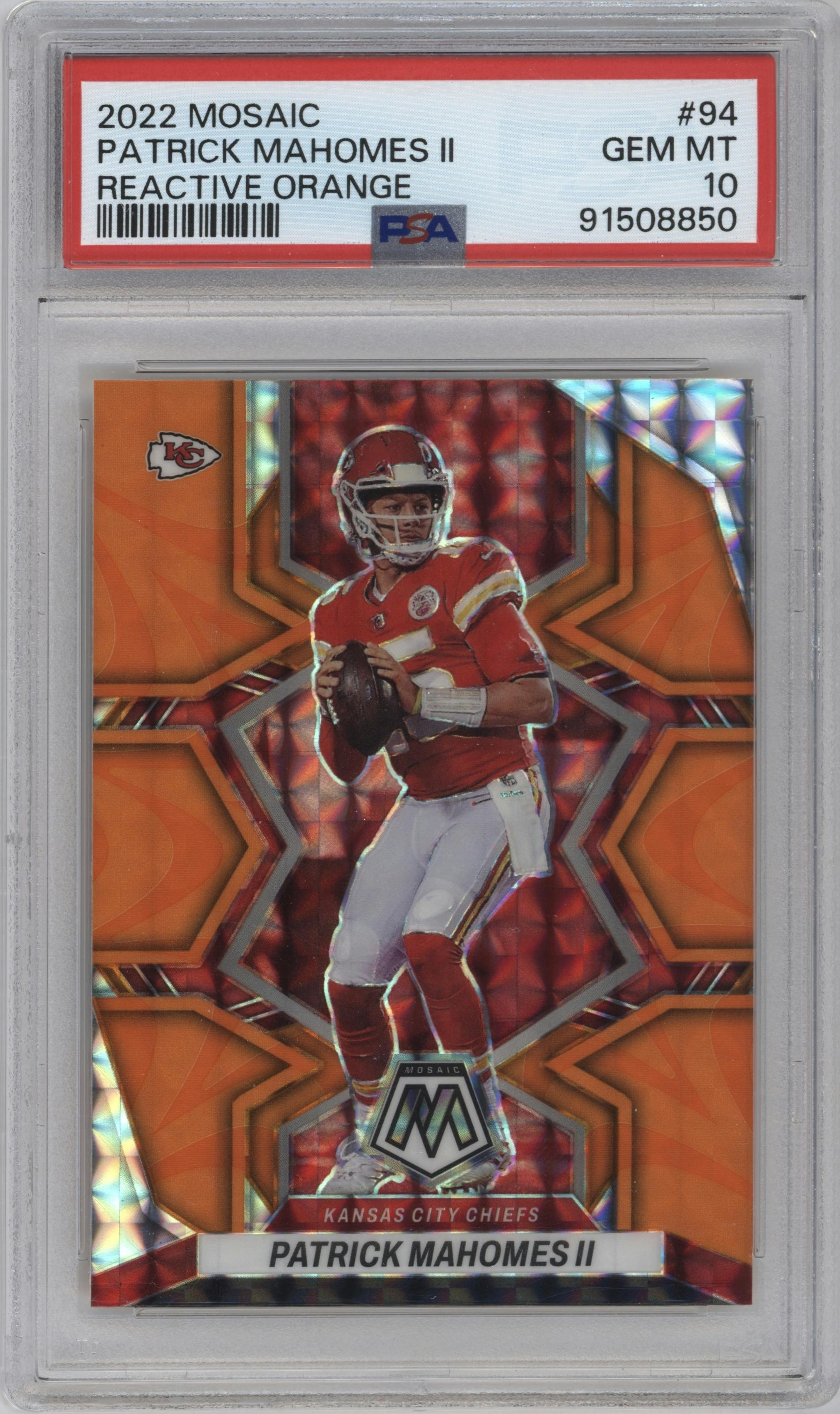  Patrick Mahomes II  from the 2022 Panini Mosaic set featuring a Reactive Orange parallel graded by PSA and given an overall grade of 10.
