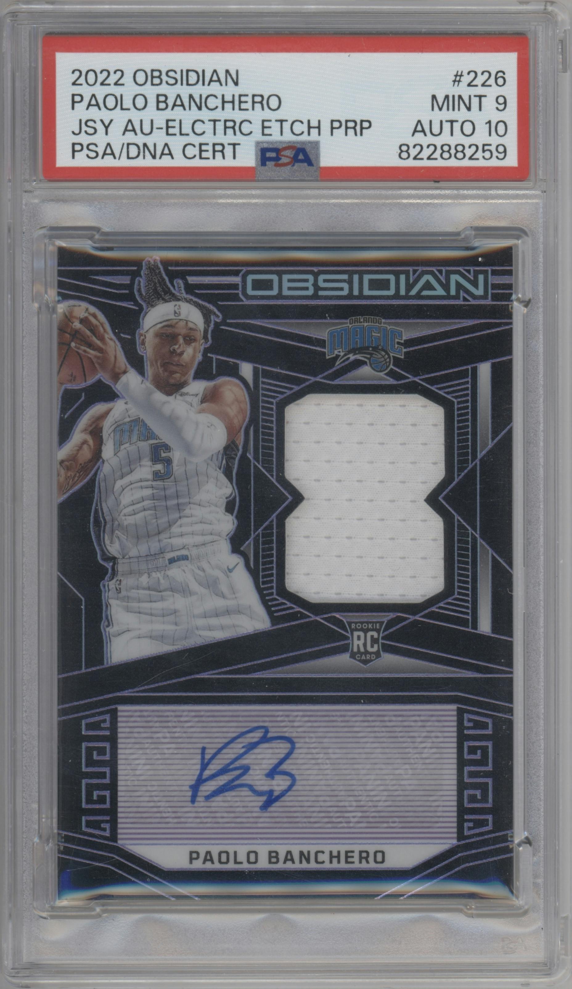 Paolo Banchero from the 2022-23 Panini Obsidian set featuring a Electric Etch Purple parallel graded by PSA and given an overall grade of 9.