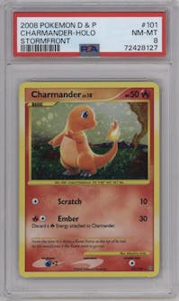 Charmander from the 2008 Pokemon D&P set graded by PSA and given an overall grade of 8.