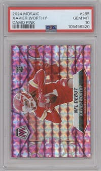 Xavier Worthy from the 2024 Panini Mosaic set featuring a Pink Camo parallel graded by PSA and given an overall grade of 10.