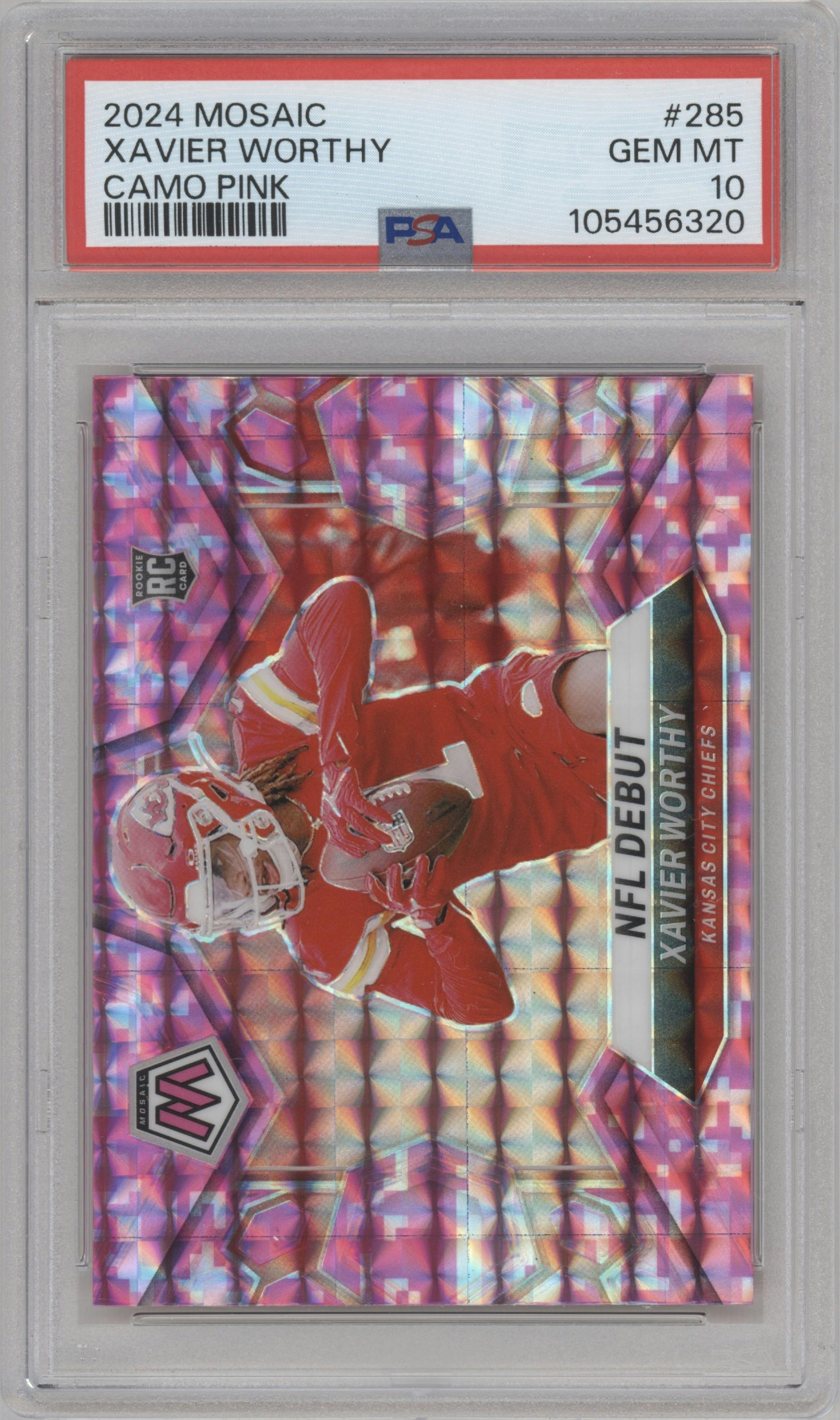 Xavier Worthy from the 2024 Panini Mosaic set featuring a Pink Camo parallel graded by PSA and given an overall grade of 10.
