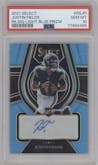 Justin Fields from the 2021 Panini Select set featuring a  Light Blue Prizm parallel graded by PSA and given an overall grade of 10.