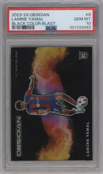 Lamine Yamal from the 2023-24 Panini Obsidian set graded by PSA and given an overall grade of 10.