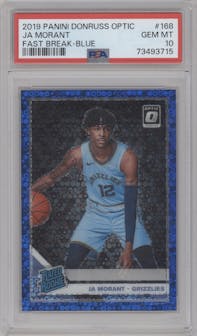 Ja Morant from the 2019-20 Panini Donruss Optic set featuring a Fast Break Blue parallel graded by PSA and given an overall grade of 10.