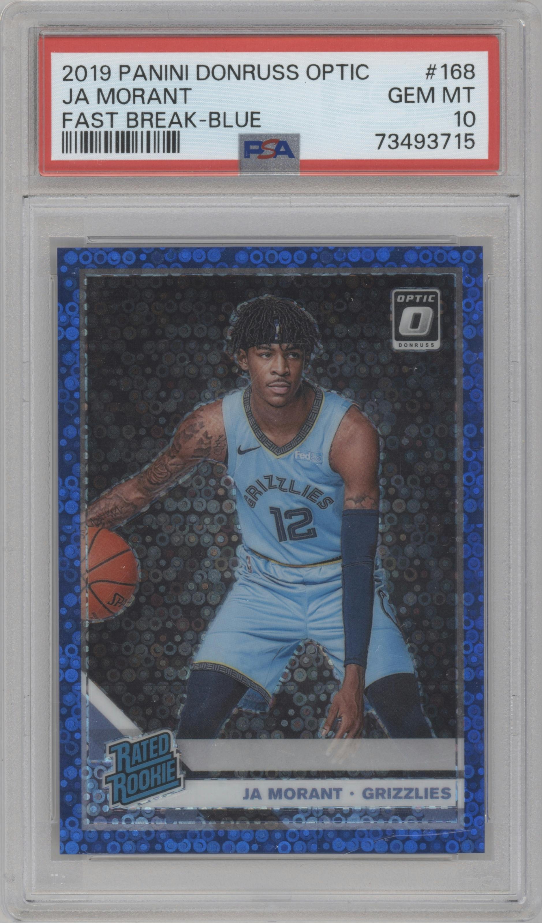 Ja Morant from the 2019-20 Panini Donruss Optic set featuring a Fast Break Blue parallel graded by PSA and given an overall grade of 10.