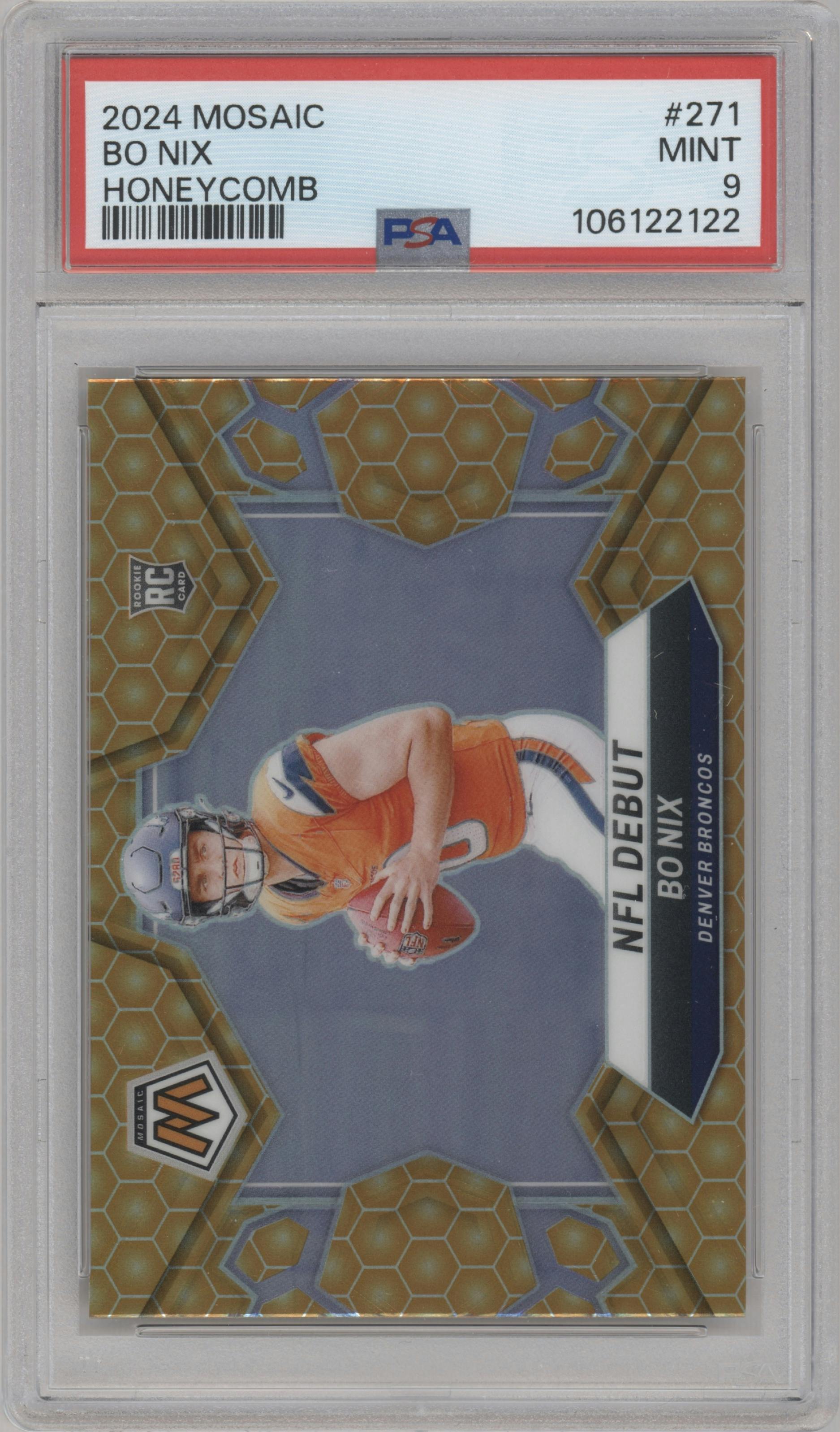 Bo Nix from the 2024 Panini Mosaic set featuring a Honeycomb parallel graded by PSA and given an overall grade of 9.