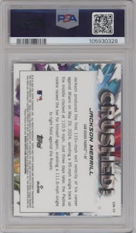 Jackson Merrill from the 2024 Topps Chrome Update set graded by PSA and given an overall grade of 10.