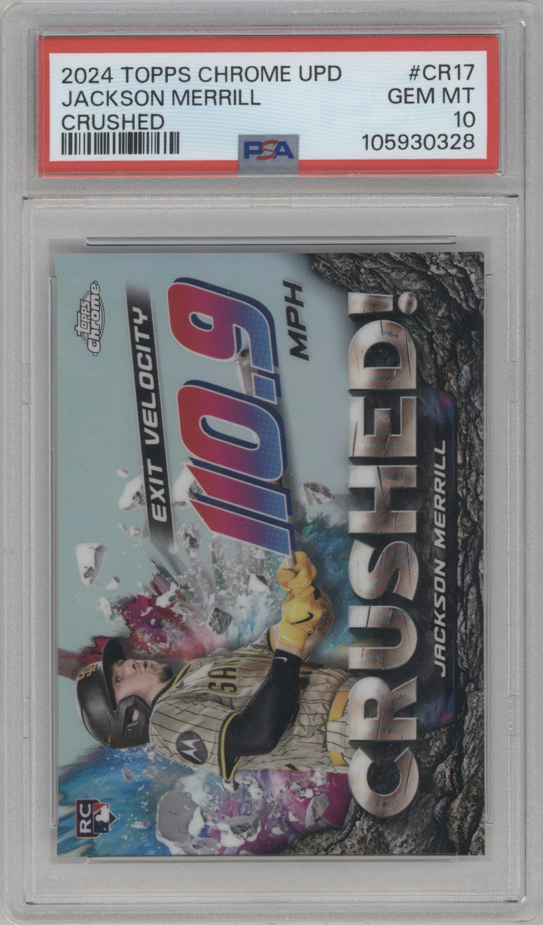 Jackson Merrill from the 2024 Topps Chrome Update set graded by PSA and given an overall grade of 10.