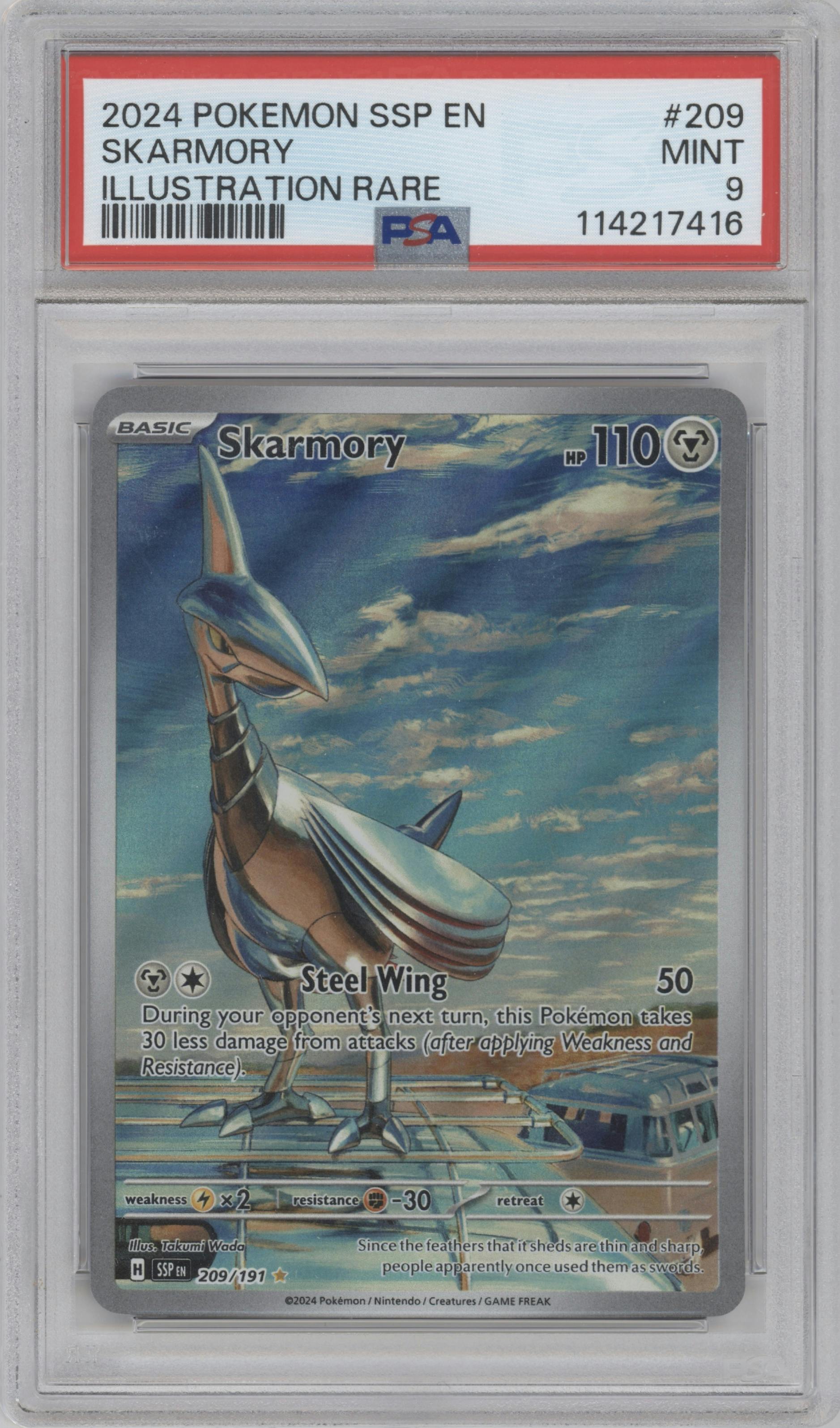 Skarmory from the 2024 Pokemon SV set graded by PSA and given an overall grade of 9.