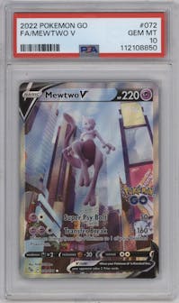 Mewtwo V from the 2022 Pokemon SWSH set graded by PSA and given an overall grade of 10.