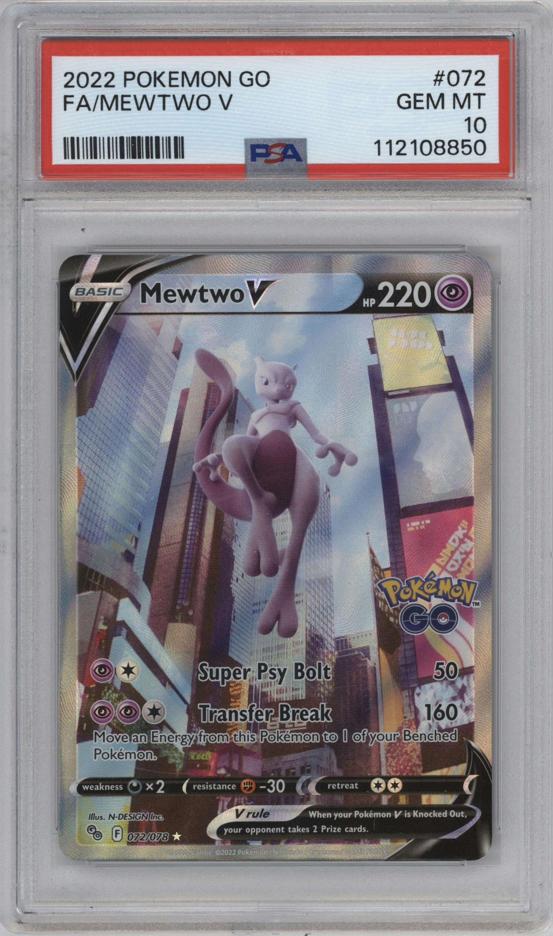 Mewtwo V from the 2022 Pokemon SWSH set graded by PSA and given an overall grade of 10.