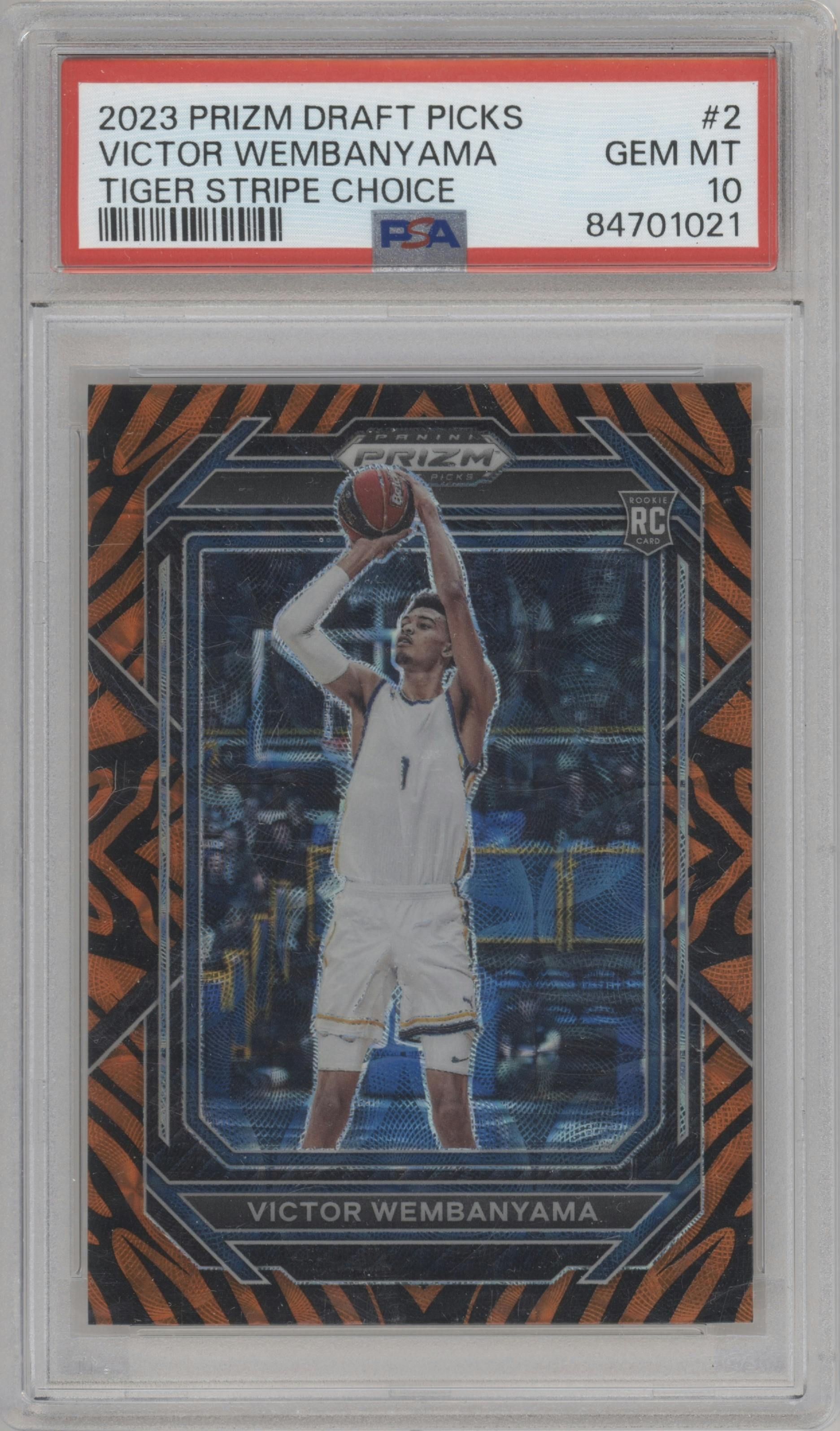 Victor Wembanyama from the 2023-24 Panini Prizm Draft Picks set featuring a Choice Tiger Stripe parallel graded by PSA and given an overall grade of 10.